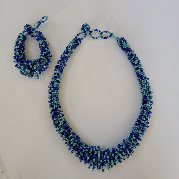 Blue Beaded Statement Necklace Chunky Seed Twist Collar Boho Festival Jewelry - Picture 1 of 10